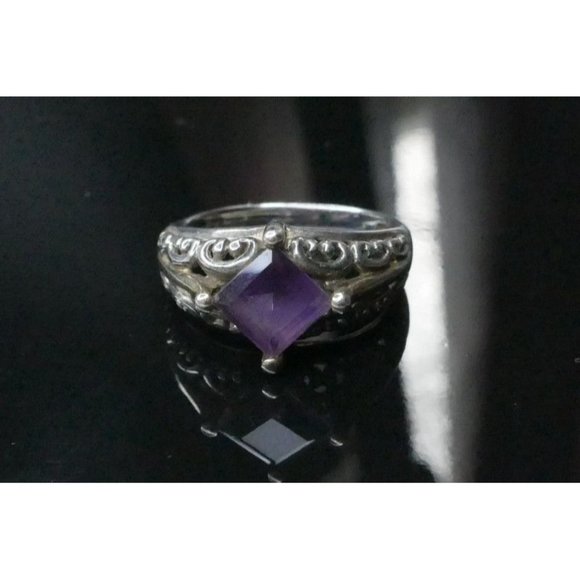 Sterling Silver Ring With Square Amethyst Gemstone & Ornate Filigree Design Size - Picture 6 of 11
